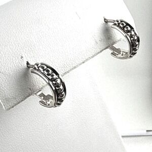Sterling Silver Hoop Earrings 925 Oxidized Beaded Texture Hinged Small Huggies
